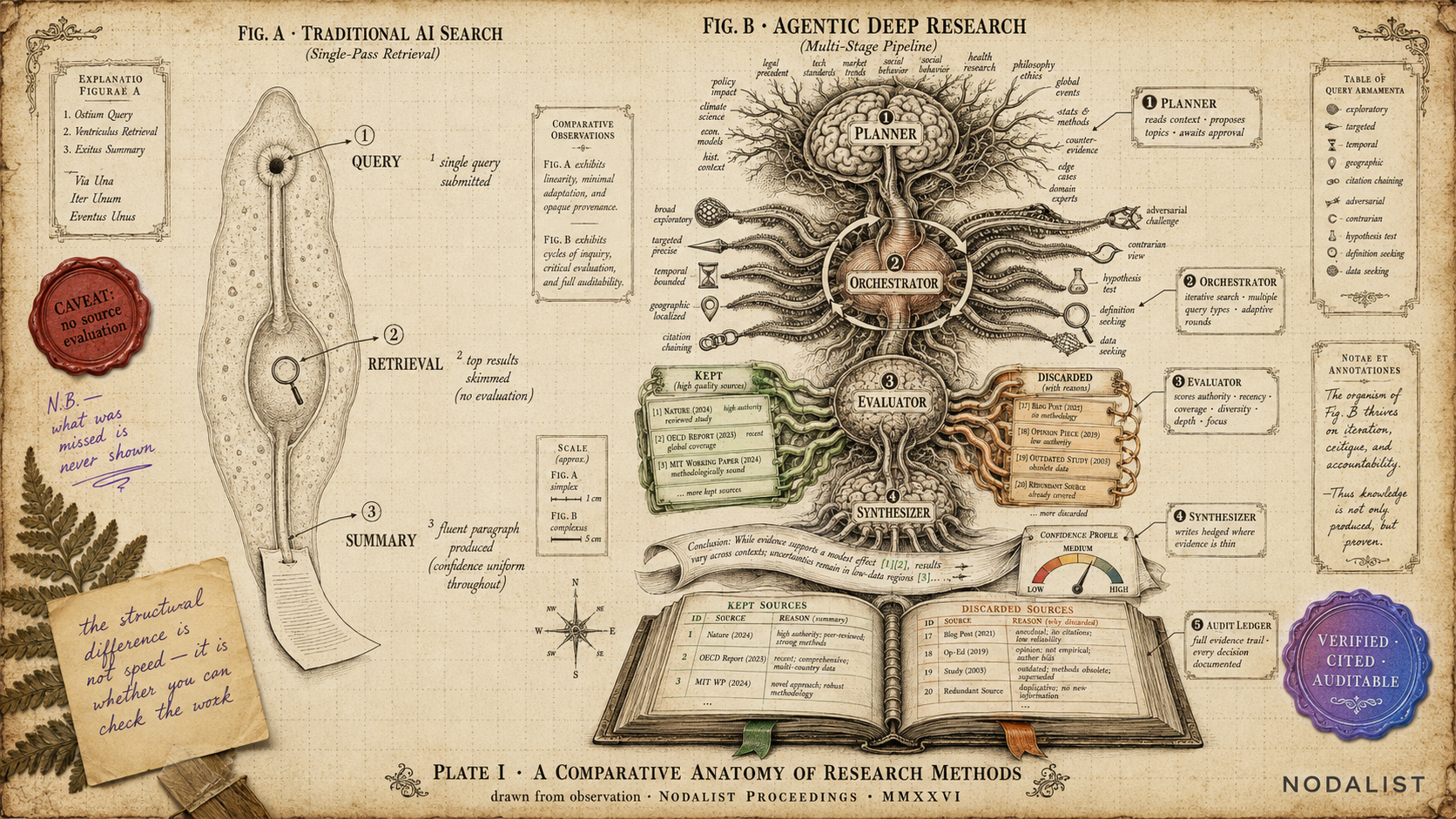 Plate I — A Comparative Anatomy of Research Methods: Traditional AI Search (single-pass retrieval with one query, no evaluation) versus Agentic Deep Research (multi-stage pipeline with Planner, Orchestrator, Evaluator, Synthesizer, and Audit Ledger)