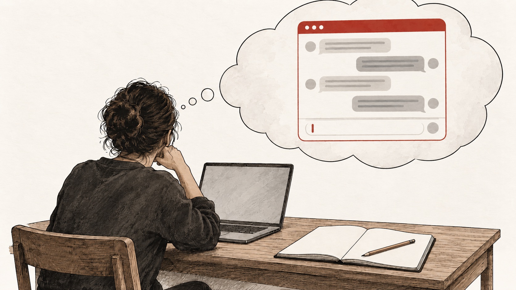 Illustration of a woman at a wooden desk, seen from behind, chin in her hand in front of a laptop. Her thought bubble is filled with a chat window, while the notebook and pencil beside her lie untouched.