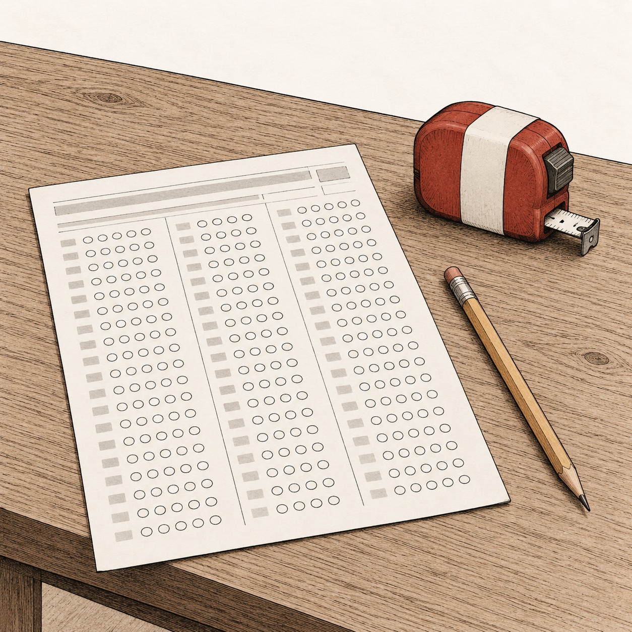 Illustration of a blank multiple-choice answer sheet and a pencil on a wooden desk, next to a red tape measure that has not been pulled out.