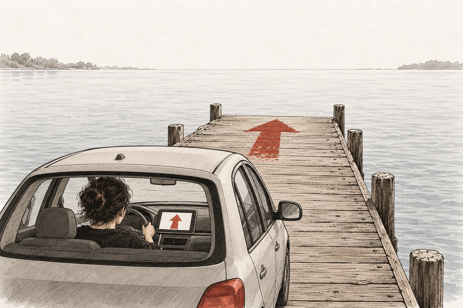 Illustration of a small car driving onto a wooden pier toward open water. A red arrow on its dashboard screen and a matching red arrow painted on the pier both point straight ahead.