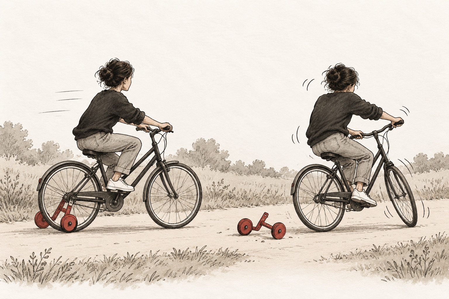 Illustration of the same woman riding a bicycle twice. On the left she rides steadily on red training wheels. On the right the training wheels lie on the path behind her and she wobbles.