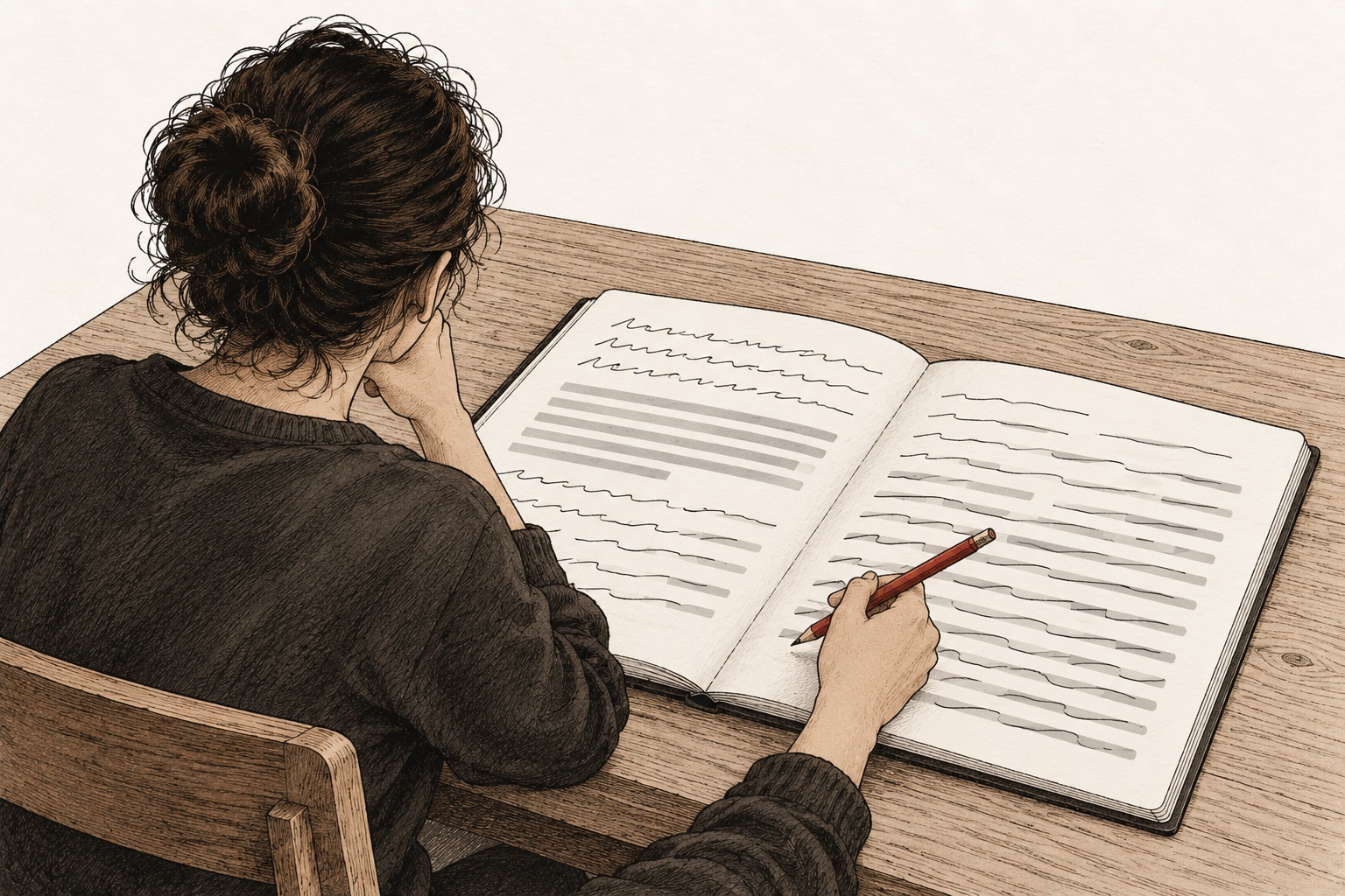 Illustration of a woman writing in an open notebook, seen from behind. On the pages, her handwritten lines and blocks of typed, printed-looking lines blur into one another.