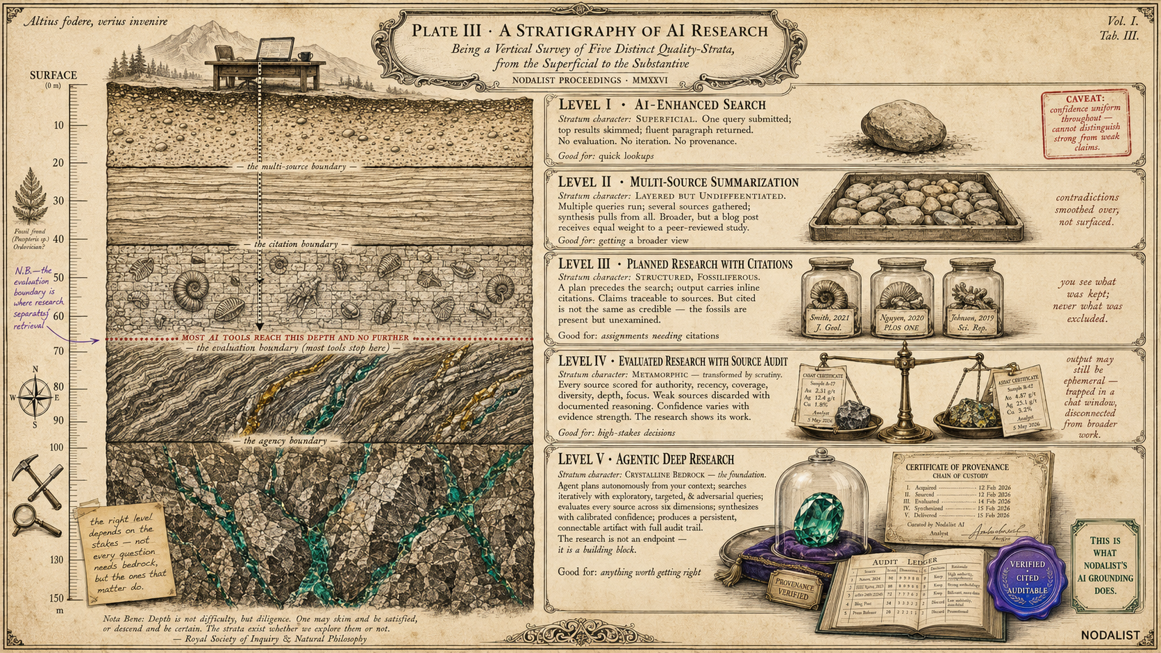 Plate III — A Stratigraphy of AI Research: geological cross-section showing five quality strata from surface to bedrock — Level I AI-Enhanced Search (superficial topsoil), Level II Multi-Source Summarization (layered sediment), Level III Planned Research with Citations (fossiliferous limestone), Level IV Evaluated Research with Source Audit (metamorphic rock), Level V Agentic Deep Research (crystalline bedrock with emerald veins) — most tools reach the evaluation boundary and no further