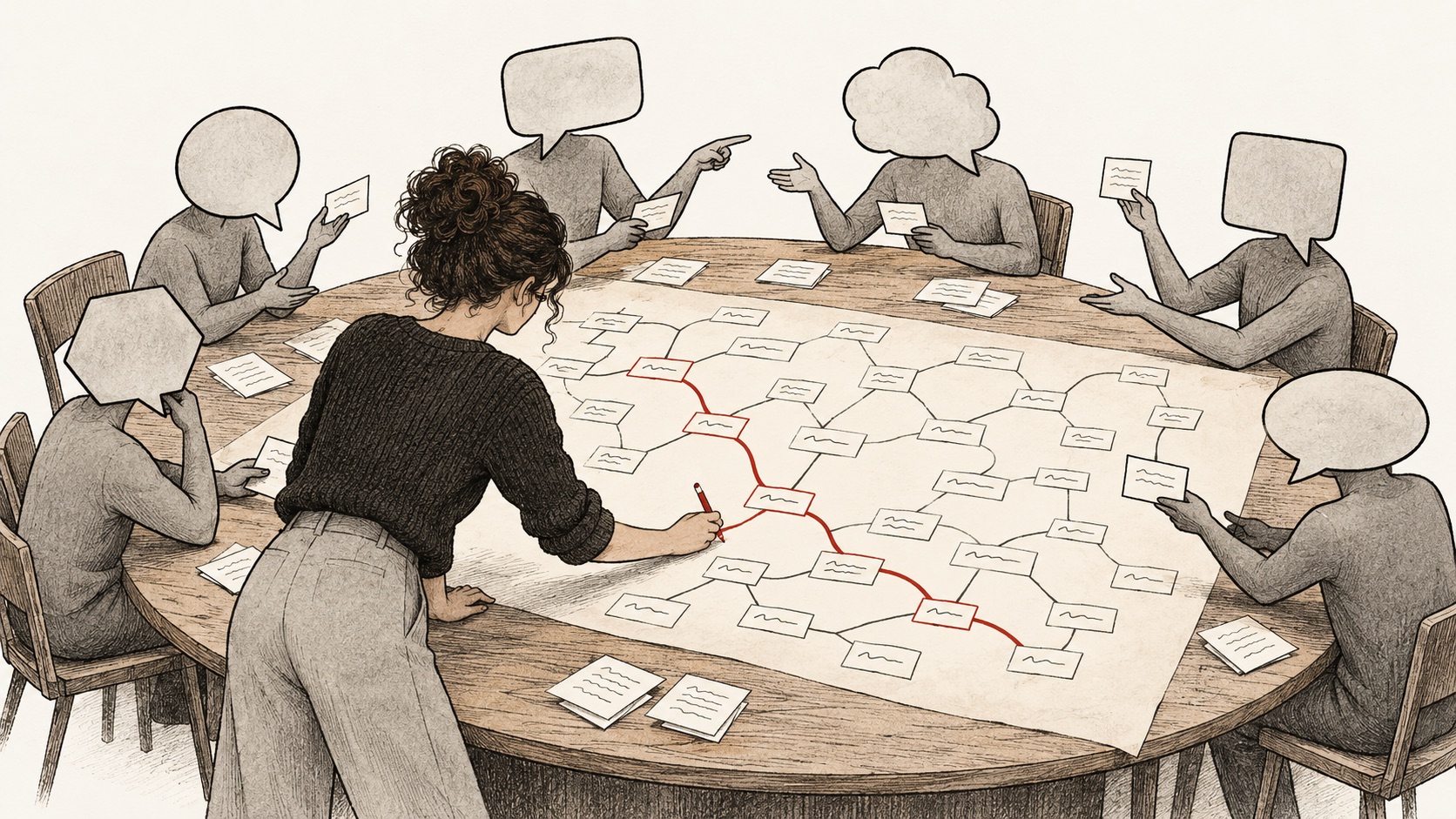 Illustration of a woman leaning over a round wooden table covered by a large map of connected idea cards. She draws a red line through a path of cards with a red pencil, while six figures whose heads are blank speech bubbles sit around the table, holding notes and pointing at one another as they argue.